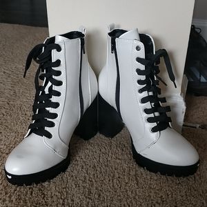 White/Black Block Heel Lace-up Booties, size 8